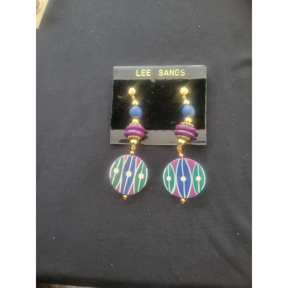 Vtg Lee Sands wooden painted dangle earrings - Picture 3 of 4